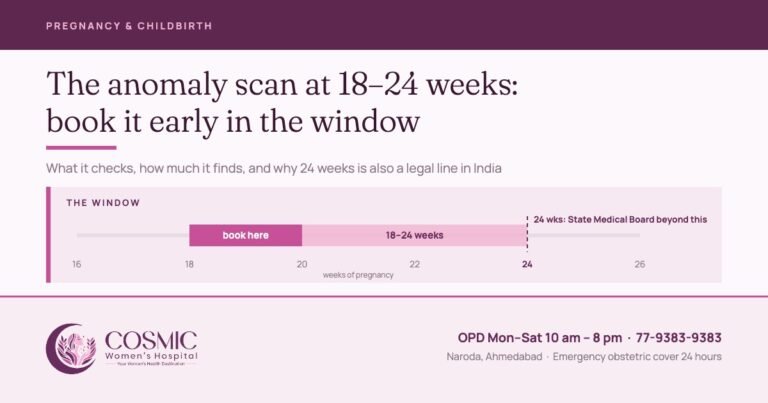 Anomaly scan at 18 to 24 weeks: a timeline showing the 18 to 24 week window, 18 to 20 weeks as the time to book, and the 24 week legal line