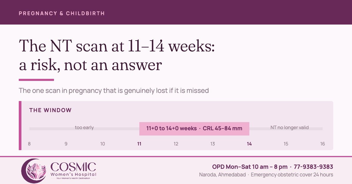 NT scan at 11 to 14 weeks — the window, crown-rump length 45 to 84 mm, Cosmic Women’s Hospital, Naroda, Ahmedabad